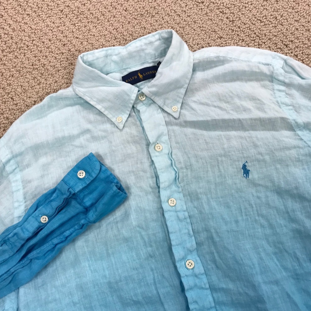 Ralph Lauren Mens Blue Ombre Linen Button Down Shirt Large Long Sleeve Dip Dye